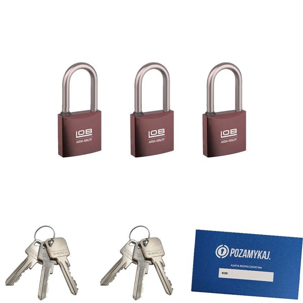 Kłódki z wydłużonym pałąkiem na jeden klucz 3 szt LOB KMM51