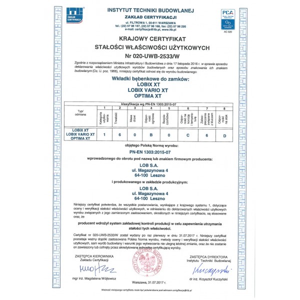 Wkładka bębenkowa z gałką LOB Optima XT 35G/35 system master key
