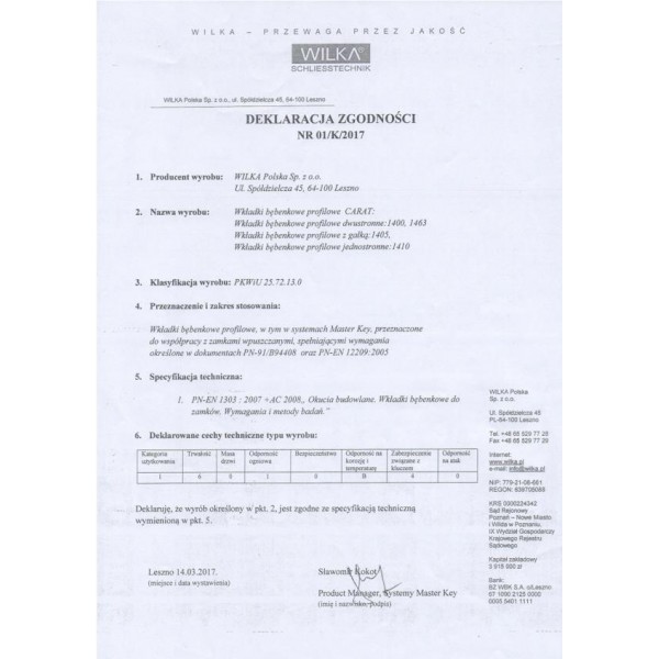 Wkładka bębenkowa dwustronna WILKA STR A 45/50 system master key