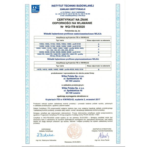 Wkładka bębenkowa z gałką WILKA STR C 50G/35 system master key