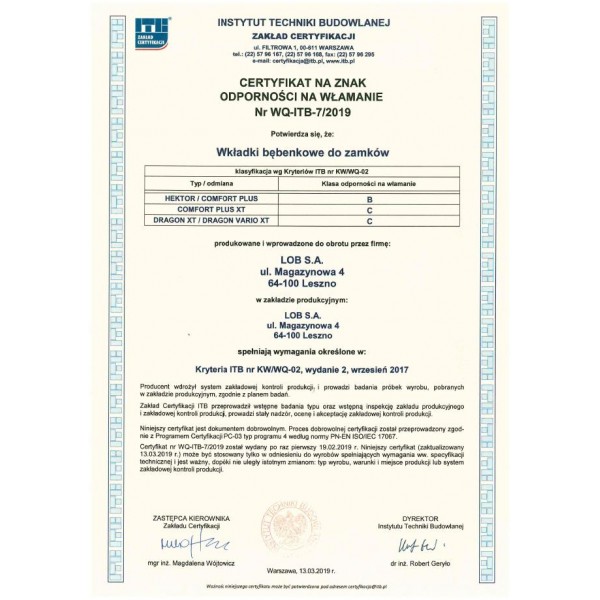 Wkładka bębenkowa dwustronna LOB Dragon XT 30/60 system jednego klucza