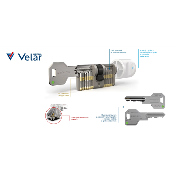 Wkładka bębenkowa z gałką i zębatką Gerda Velar 30G/45 System Master Key